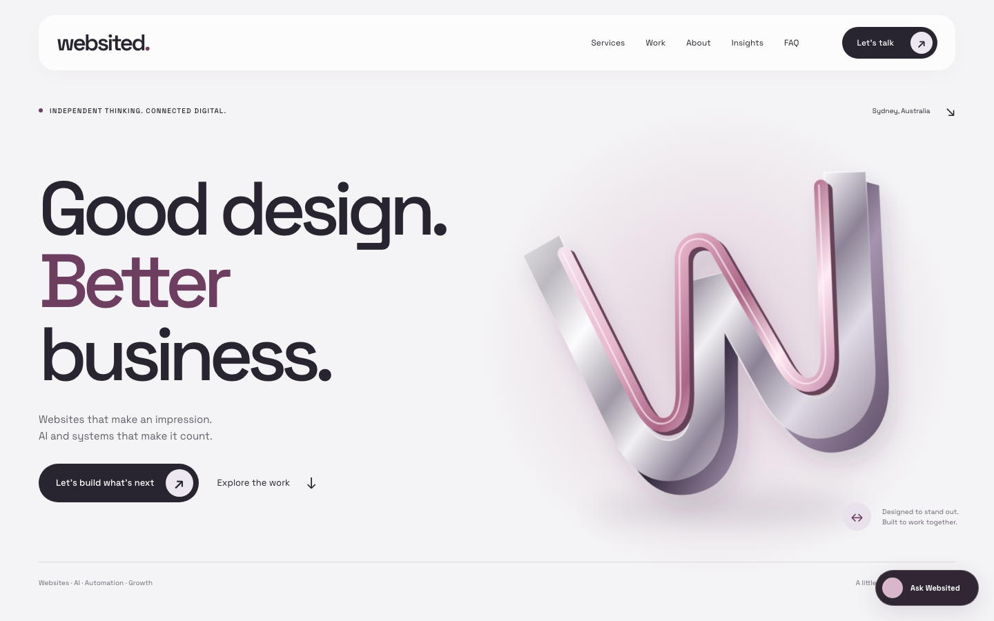 The Websited homepage with its sculptural connected W